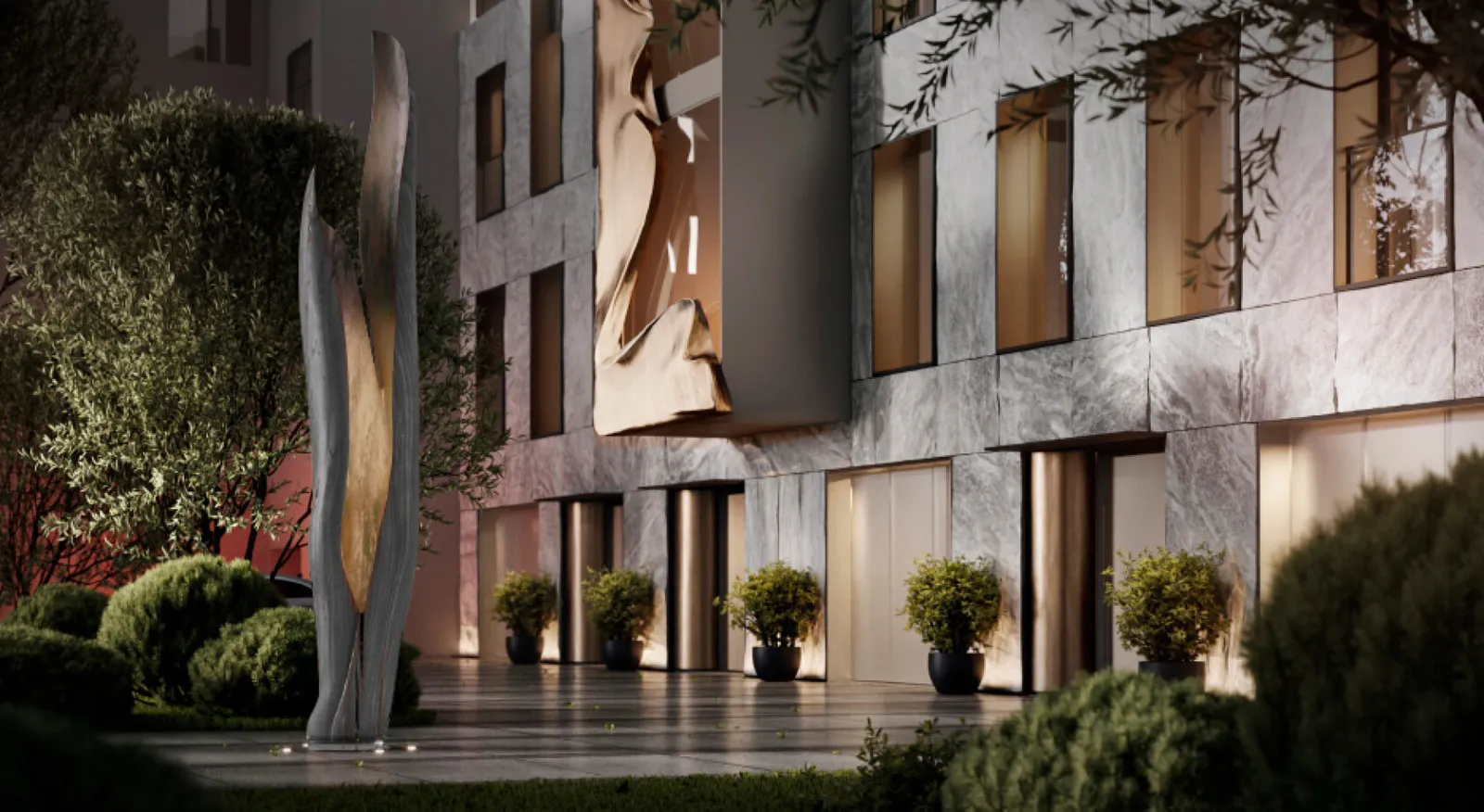 Входная зона Friday Villas с ландшафтом и скульптурой, рендер проекта